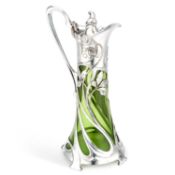 WMF (WÜRTTEMBERGISCHE METALLWARENFABRIK) AN ART NOUVEAU PEWTER AND GREEN GLASS CLARET JUG