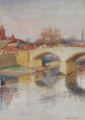 MARY LOUISE GILLETT (ACT. 1930-50) RIVER VIEW WITH BRIDGE AND FIGURES