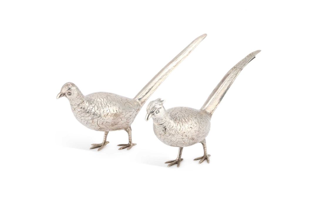 A PAIR OF CONTINENTAL SILVER TABLE PHEASANTS - Image 1 of 2