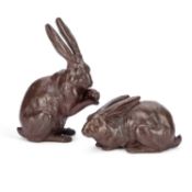 A PAIR OF JAPANESE BRONZE MODELS OF HARES MEIJI PERIOD