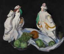 PHILIP NAVIASKY (1894-1983) STILL LIFE OF PORCELAIN ORNAMENTS AND FRUIT