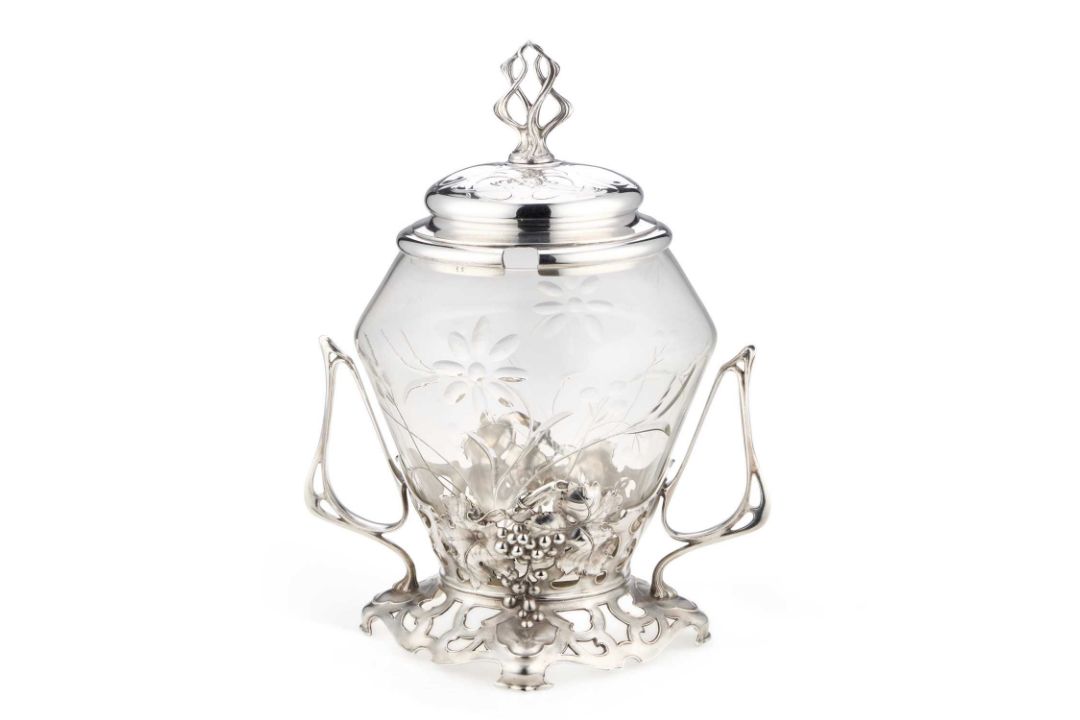 AN ART NOUVEAU CLEAR GLASS AND SILVER-PLATED PUNCH BOWL ATTRIBUTED TO WMF (WÜRTTEMBERGISCHE METALLWA