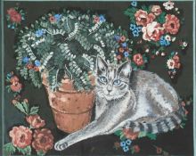 SUE NIGHTINGALE (20TH CENTURY) A CAT SEATED BY A POTTED PLANT