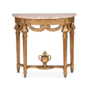 A SMALL MARBLE-TOPPED GILTWOOD DEMILUNE CONSOLE TABLE