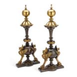 A PAIR OF 19TH CENTURY GILT-BRASS MOUNTED ANDIRONS