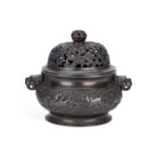 A CHINESE BRONZE CENSER AND PIERCED COVER