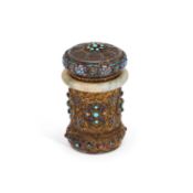 A CHINESE SILVER, JADE, ENAMEL AND 'JEWELLED' JAR AND COVER