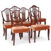 A SET OF SIX HEPPLEWHITE STYLE MAHOGANY DINING CHAIRS LABELLED WYLIE & LOCHHEAD