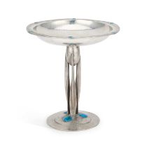 ARCHIBALD KNOX (1864-1933) FOR LIBERTY & CO, A TUDRIC PEWTER AND ENAMEL TAZZA