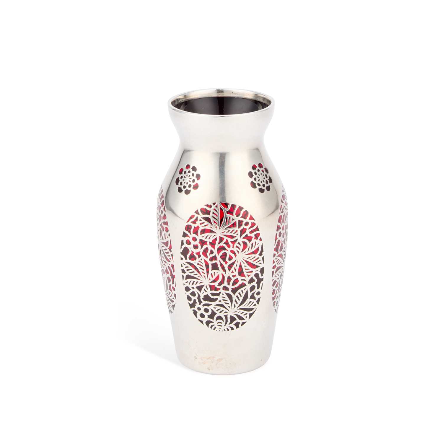 A 20TH CENTURY SILVER-OVERLAID RUBY GLASS VASE