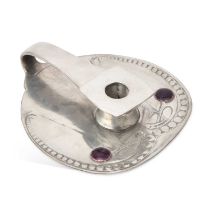 ARCHIBALD KNOX (1864-1933) FOR LIBERTY & CO, A TUDRIC PEWTER AND ENAMEL CHAMBERSTICK