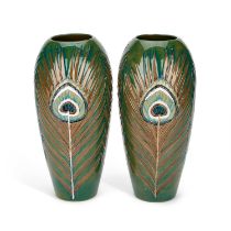 SALLY TUFFIN FOR MOORCROFT A PAIR OF 'PEACOCK FEATHER' VASES