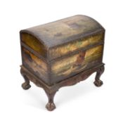 A PAINTED DOMED-TOP BOX ON STAND 19TH CENTURY OR EARLIER