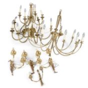 TWO BRASS CHANDELIERS AND TWO PAIRS OF WALL LIGHTS