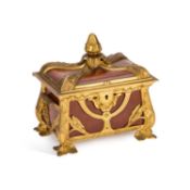 AN EARLY 20TH CENTURY GILT-BRONZE AND LEATHER-CLAD JEWELLERY CASKET IN THE ART NOUVEAU TASTE PROBABL
