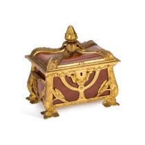 AN EARLY 20TH CENTURY GILT-BRONZE AND LEATHER-CLAD JEWELLERY CASKET IN THE ART NOUVEAU TASTE PROBABL