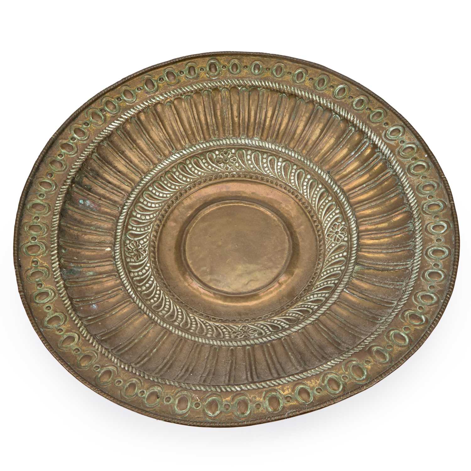 A LARGE BRASS ALMS DISH 19TH CENTURY OR EARLIER