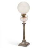A LARGE EDWARDIAN SILVER-PLATED COLUMNAR OIL LAMP
