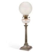 A LARGE EDWARDIAN SILVER-PLATED COLUMNAR OIL LAMP