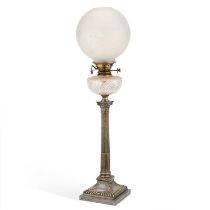 A LARGE EDWARDIAN SILVER-PLATED COLUMNAR OIL LAMP