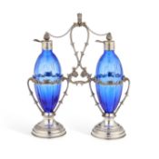 A PAIR OF ITALIAN SILVER-MOUNTED BLUE GLASS OIL AND VINEGAR CRUETS