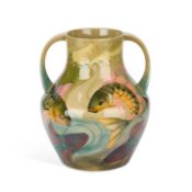 SALLY TUFFIN FOR MOORCROFT A LARGE CARP PATTERN TWO HANDLED VASE