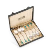 A SET OF SIX ARTS AND CRAFTS SILVER AND ENAMEL COFFEE SPOONS IN THE MANNER OF ARCHIBALD KNOX