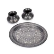 A SILVER INLAID BIDRI DISH AND PAIR OF VASES 19TH CENTURY