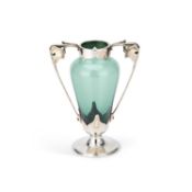 AN ARTS AND CRAFTS SILVER-MOUNTED GREEN-GLASS TWO-HANDLED VASE BY KATE HARRIS