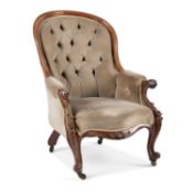 A VICTORIAN ROSEWOOD AND BUTTON-BACKED ARMCHAIR CIRCA 1870