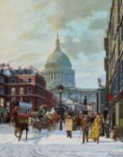 DEREK BRAITHWAITE (20TH CENTURY) STREET SCENE WITH ST PAUL'S CATHEDRAL