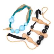 TWO MARION VIDAL CERAMIC, WOOD AND RIBBON NECKLACES