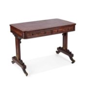 A REGENCY IRISH LEATHER-INSET ROSEWOOD LIBRARY TABLE STAMPED R. STRAHAN