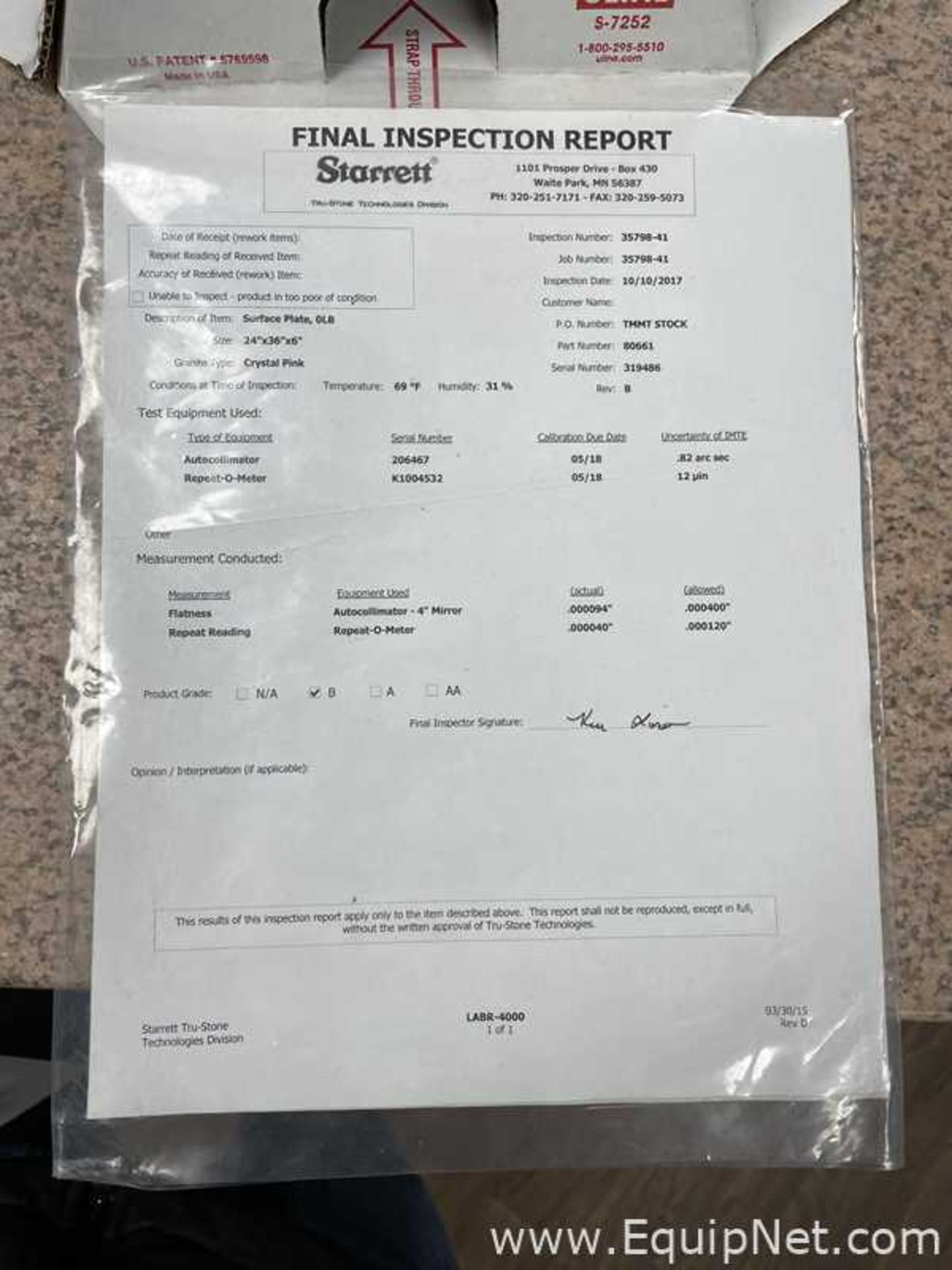 Starrett Crystal Pink Granite Inspection Surface Plate with Mobile Stand - Image 3 of 3