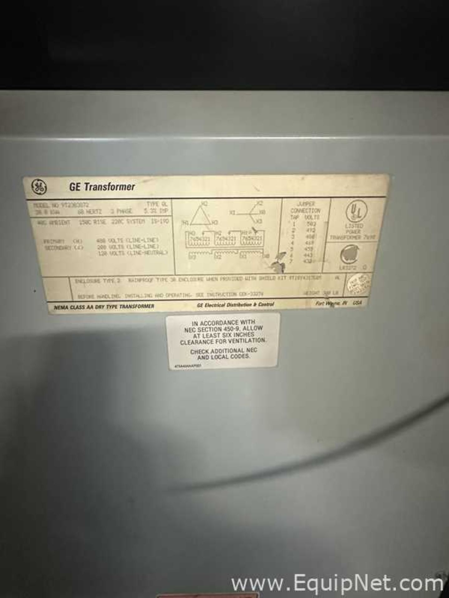 GE 9T23B3872 30 KVA Dry Three-Phase Transformer Primary 480 VAC Secondary 208/120 VAC - Image 2 of 2