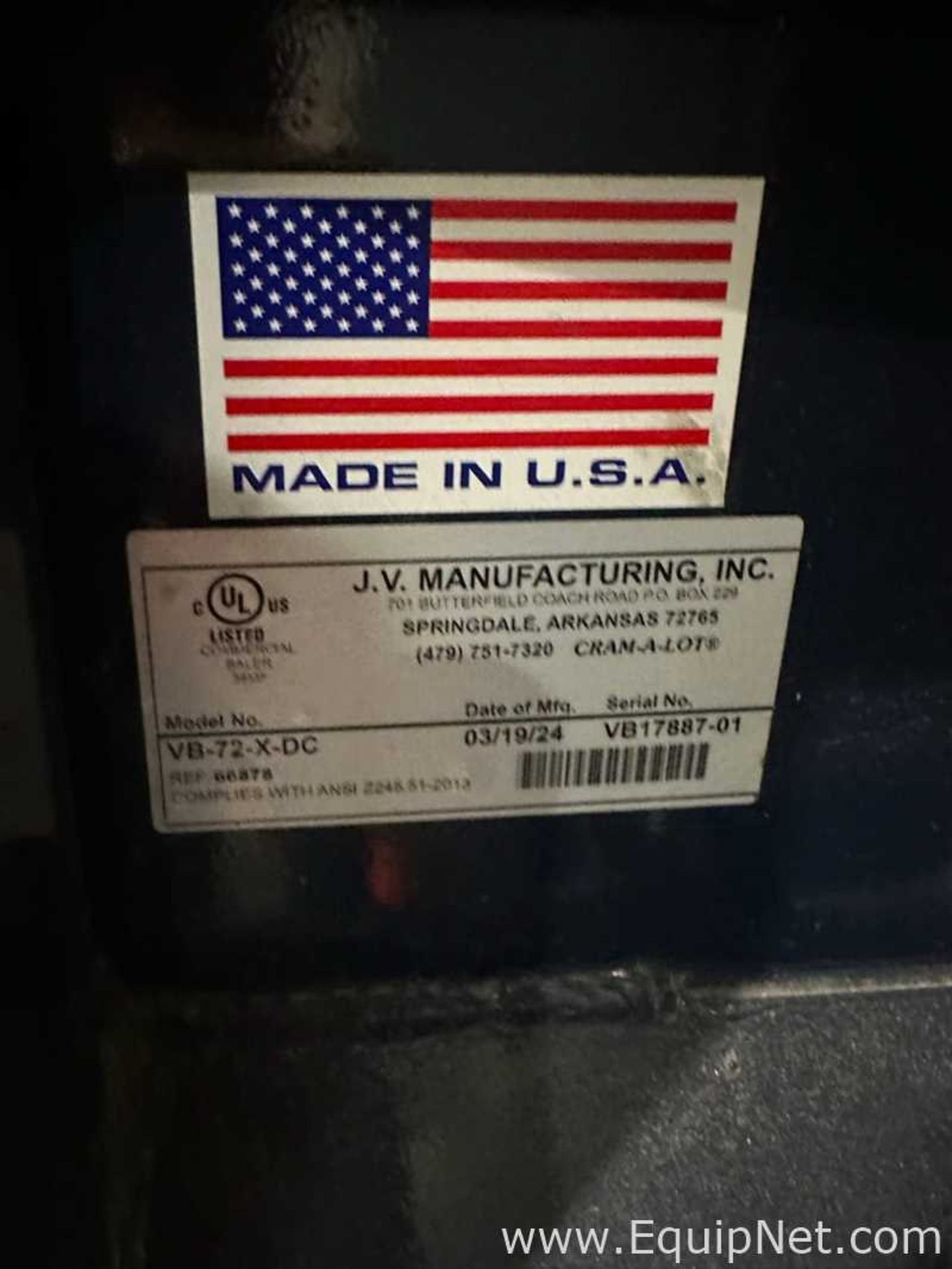 2024 J.V Manufacturing, Inc. Cram-A-Lot VB-72-X-DC Baler - Image 4 of 4