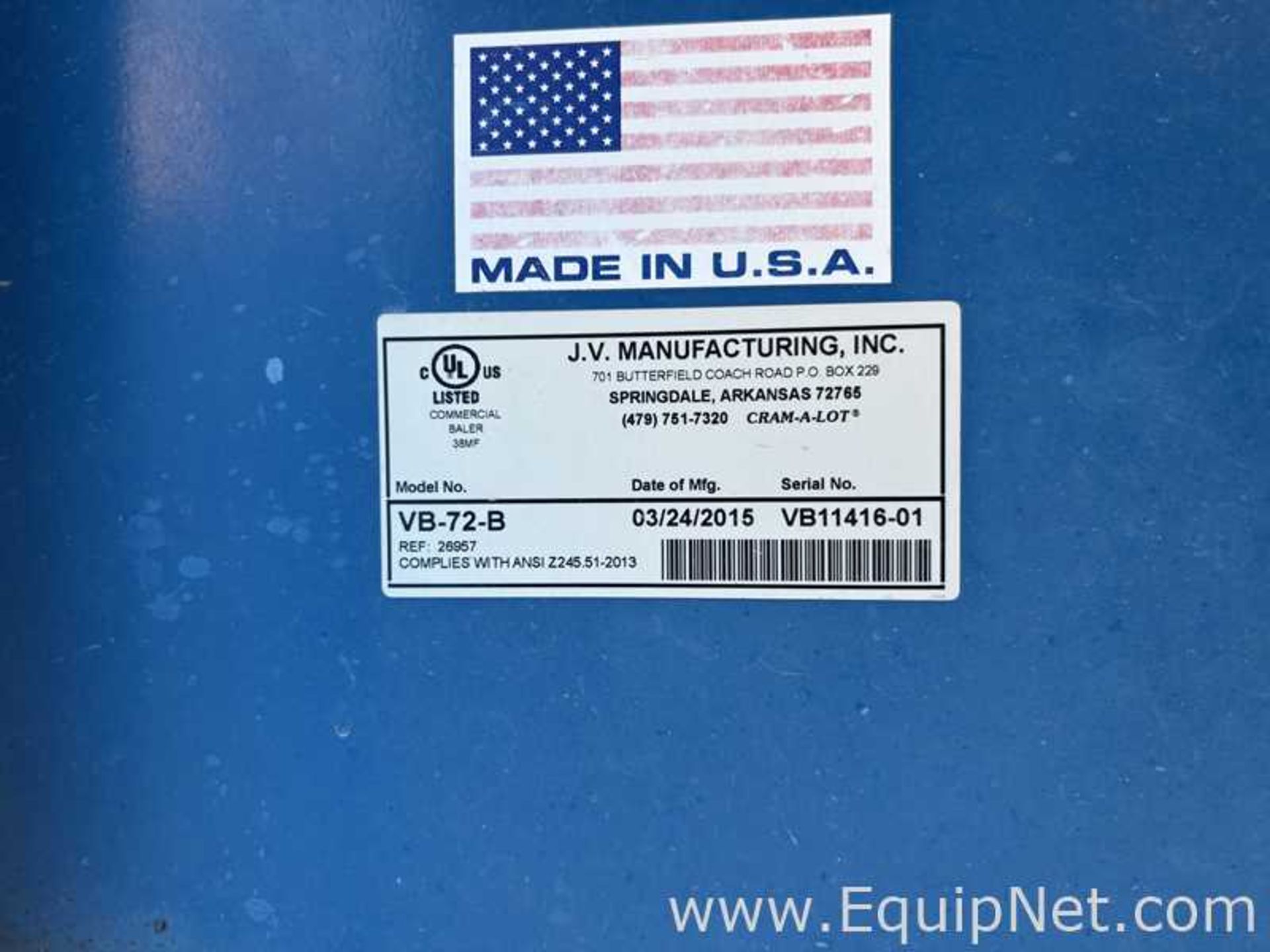 J.V Manufacturing VB-72-B Vertical Baler - Image 5 of 5