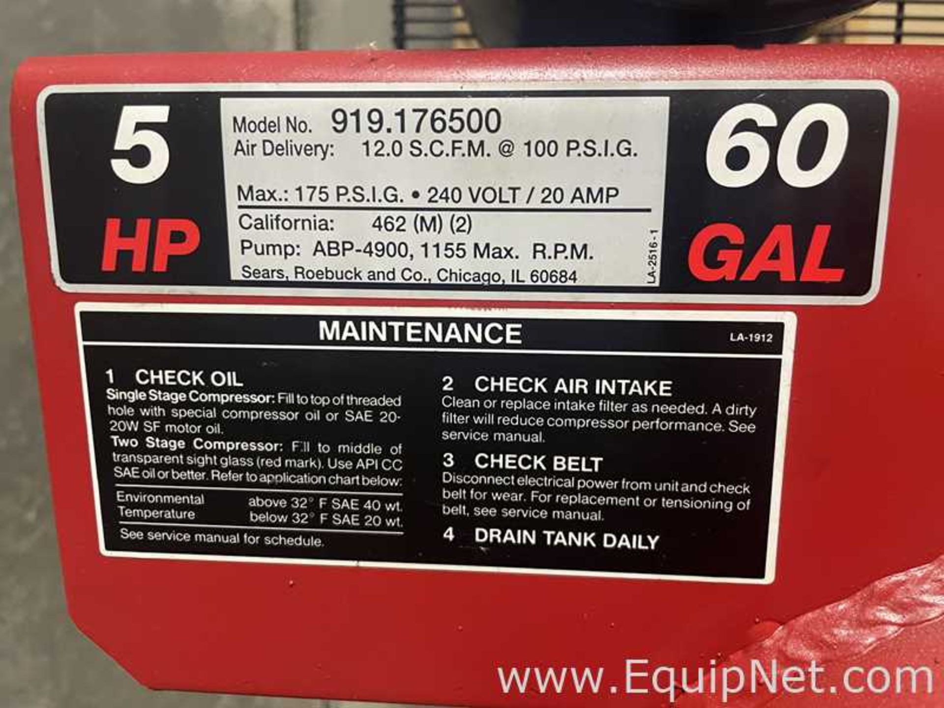 Craftasman 919.176500 Two Stage Air Compressor - Image 7 of 7