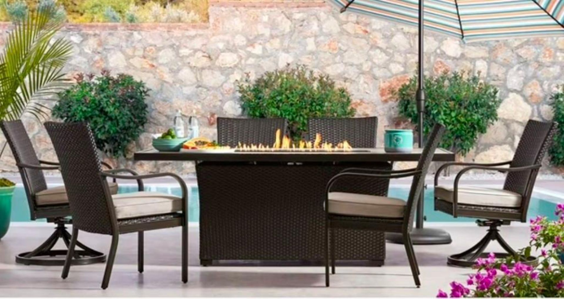 Seven piece dining set with fire table, complete