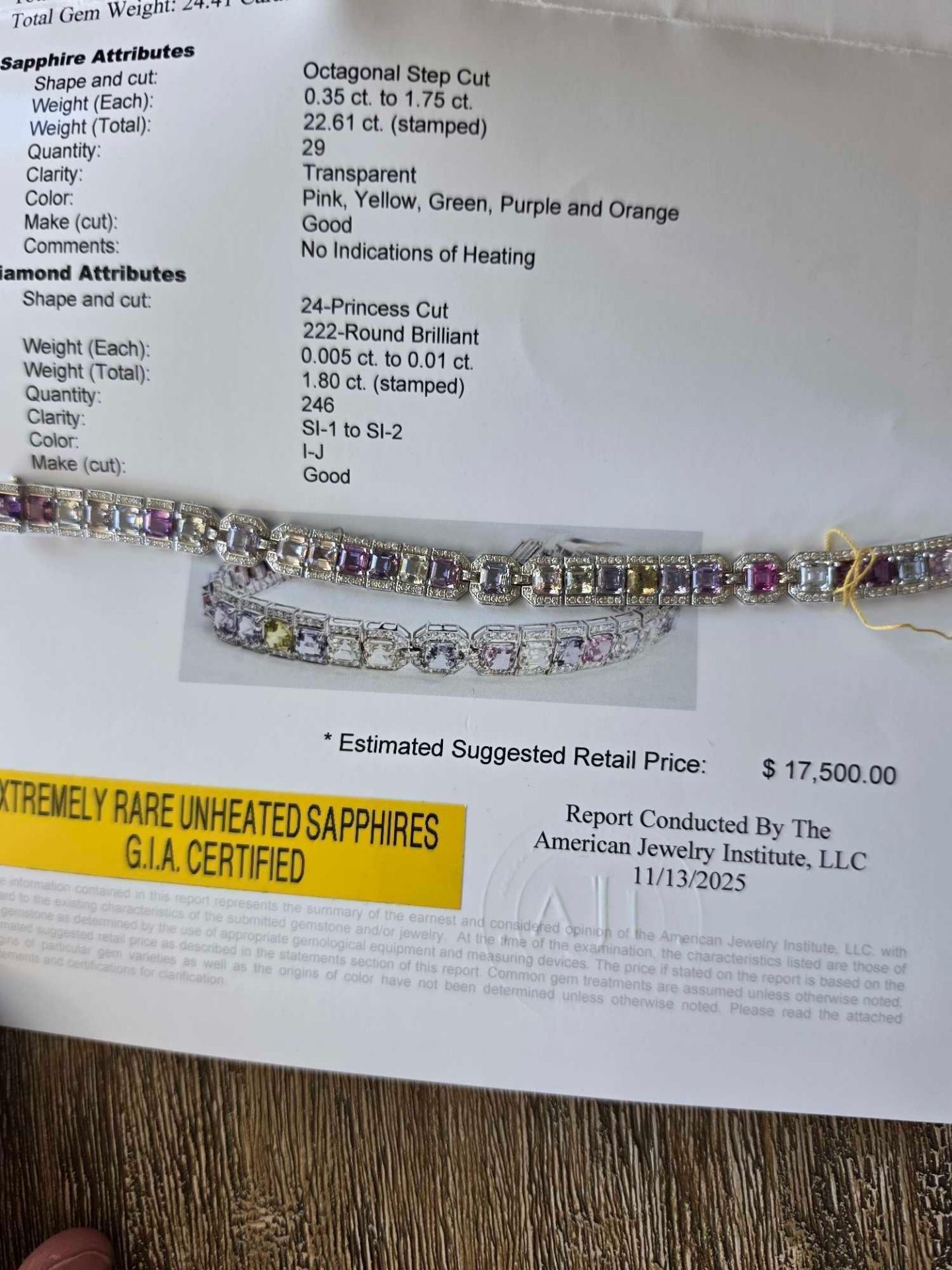 extremely rare GA certified unheated sapphire bracelet, 1.80 carats of diamond, and 22 carats of sap - Image 5 of 5