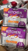 Swiffer, squishy face studio flirt pole, scissors, labels, stand, kitchen bags, boxes, tape, Crayola