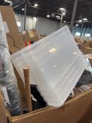 Storage totes, kangaroo hoppers, pipe cutting tripod, rug pad, garbage bags, shelving, wooden hanger