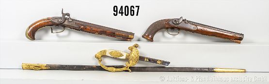 Konv. 2 beschädigte Perkussionspistolen, L bis 41 cm, sowie beschädigter bayerischer ...