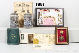 Konv. Deutsche Reichsfechtschule, 13 Abzeichen, Mitgliedskarten, Postkarten, Medaille ...