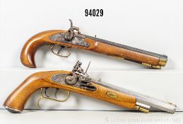 Konv. 2 Vorderlader-Pistolen, Steinschloss und Perkussion, jeweils mit Ladestock und ...