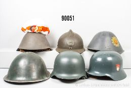 Konv. 6 Stahlhelme, alle mit Lederinnenfutter und Kinnriemen, u.a. Polizei Hamburg, mit ...