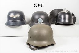 Konv. 4 Stahlhelme, Feuerwehrhelm M 34, restaurierter Stahlhelm M 35, Innenfutter und ...