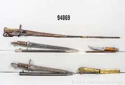 Konv. beschädigter Hirschfänger, Schweizer Bajonett, Exportbajonett mit Sägerücken, ...