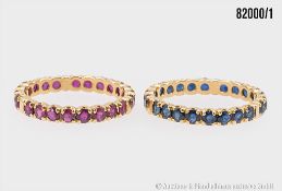 2 Memoire Ringe 750 GG, 1 x Fassung mit Rubinen und 1 x mit Saphiren, je 1 ca. ct, ...