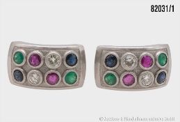 Goldohrringe Steckclips 750 WG, 4 Smaragde ca. 0,7 ct, 4 Saphire ca. 0,8 ct, 4 Rubine ...